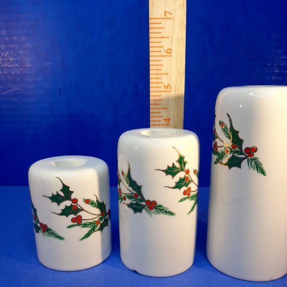 CHRISTMAS Taper Candle Holder Set 3 Centerpiece Fireplace Hearth Holly Berries - Picture 4 of 15